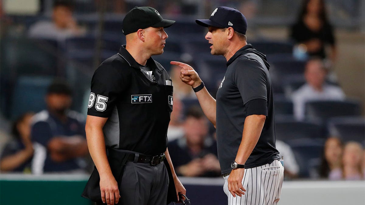 Aaron Boone argues with umpire