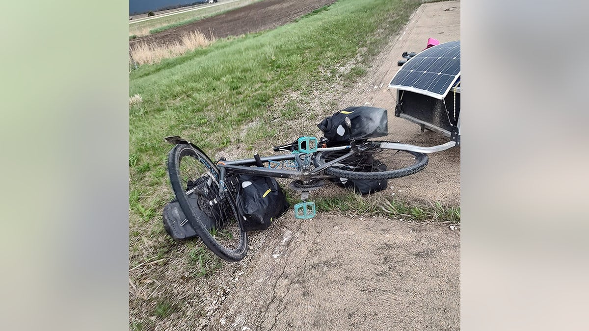 Bob Barnes' bicycle knocked over by wind