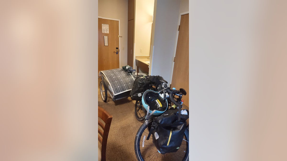 Bob's bike in a hotel room