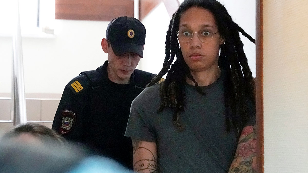 Brittney Griner appears in a Russian courtroom in June 2022