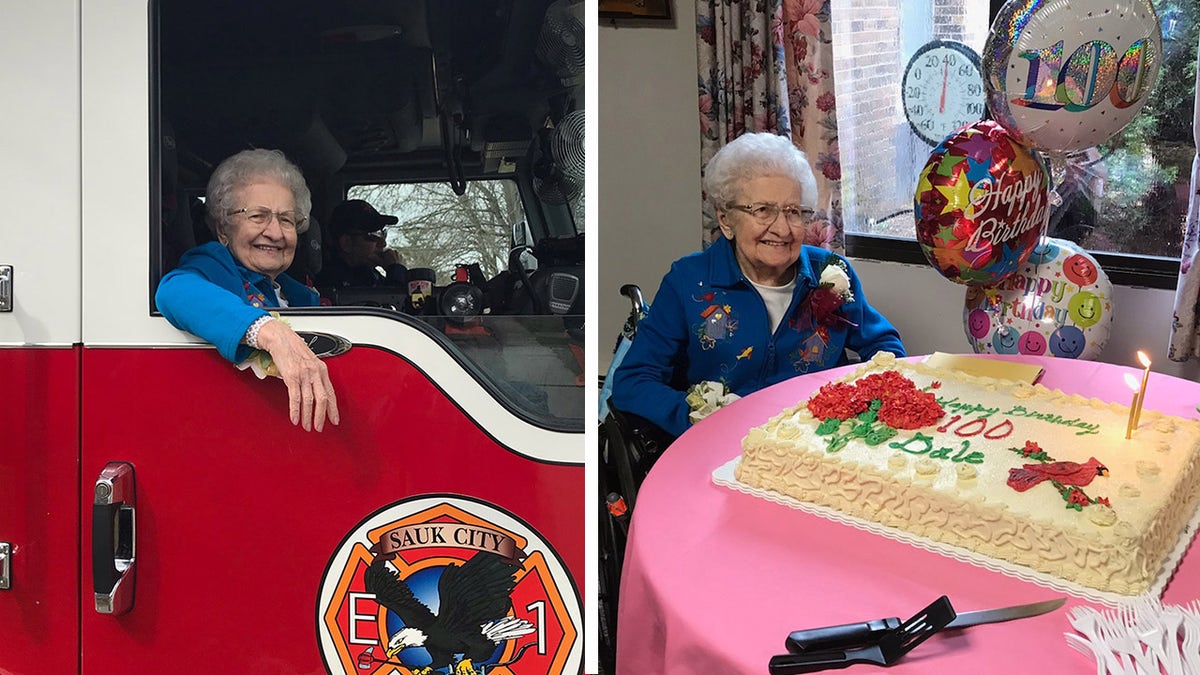 Fidalia "Dale" Breunig in a fire truck and at her birthday party
