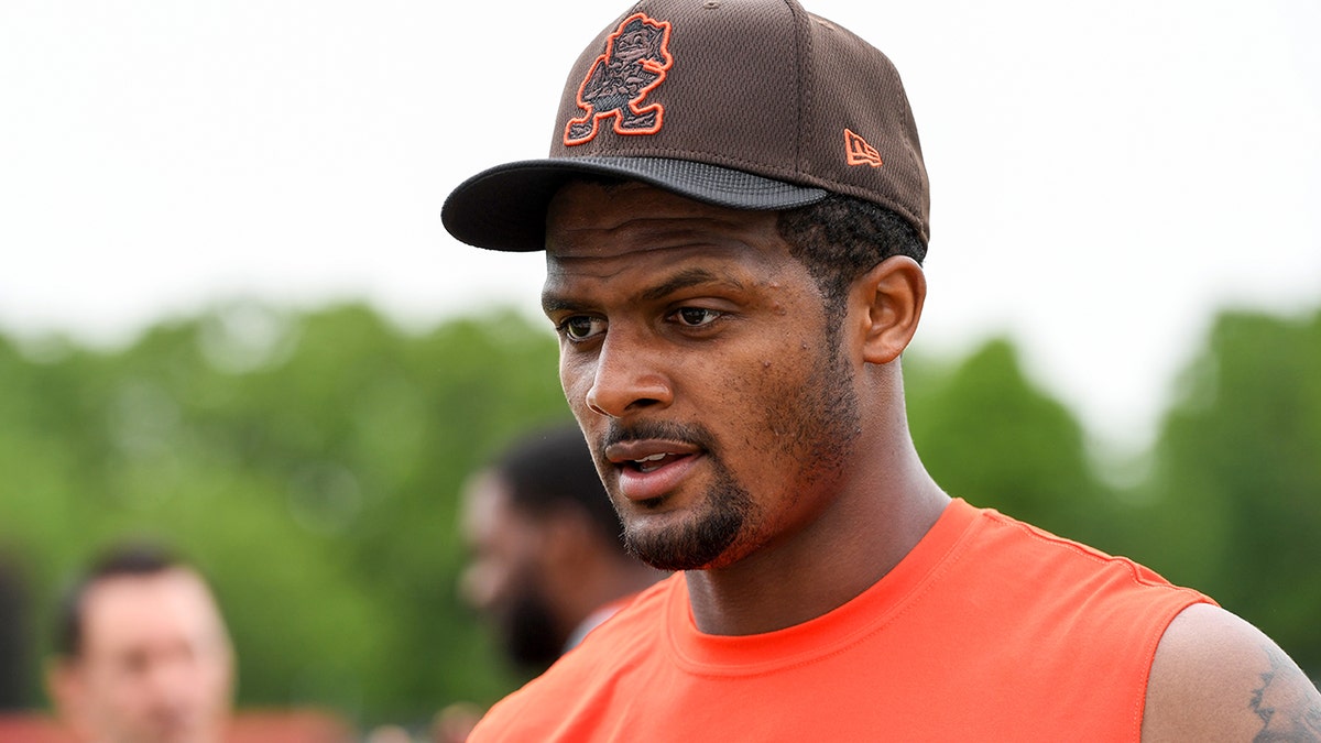 Deshaun Watson wears a Browns hat in May at Browns OTA's