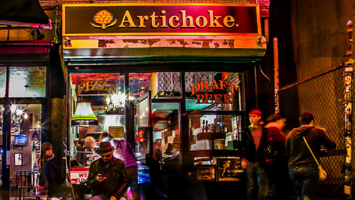 Exterior photo of Artichoke Basille's Pizza's location in the NYC East Village