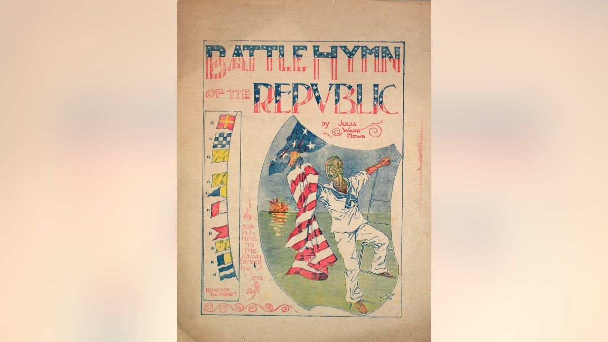 The sheet music cover image of "Battle Hymn of the Republic" by Julia Ward Howe, with lithographic or engraving notes, 1898. 