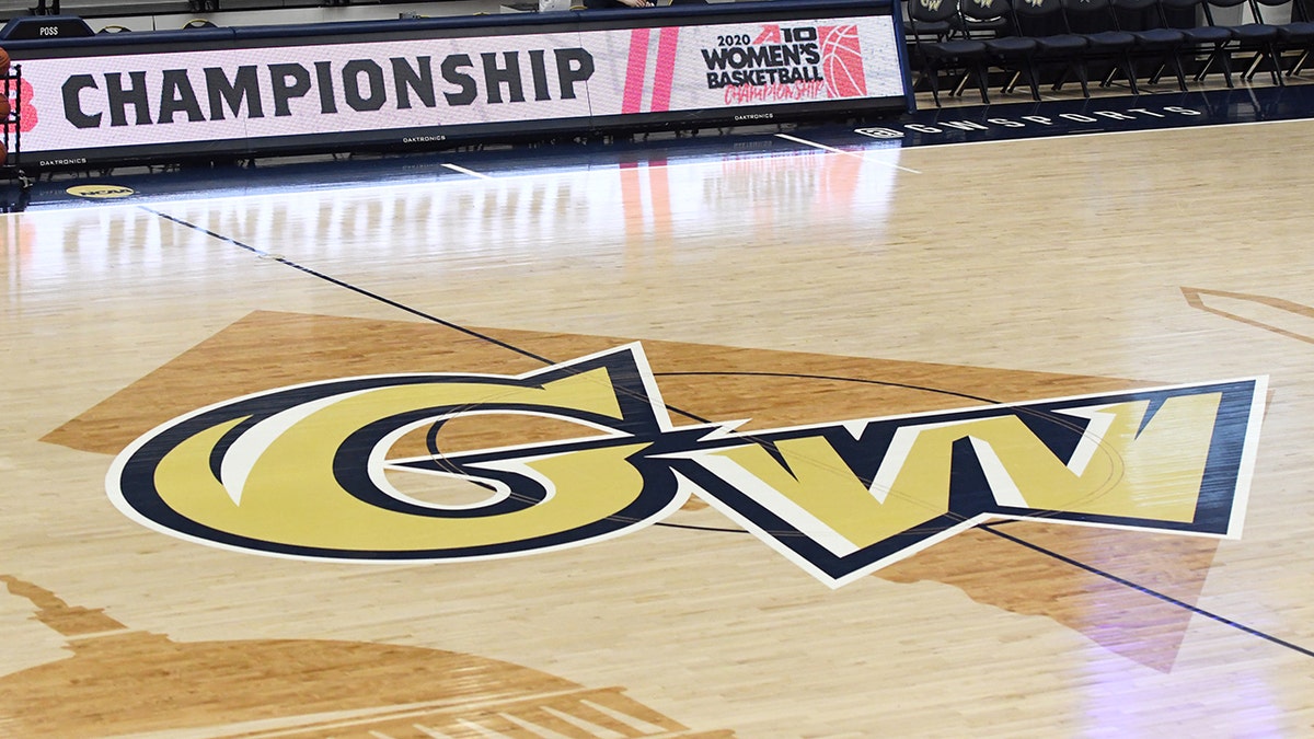 GW logo on a basketball court