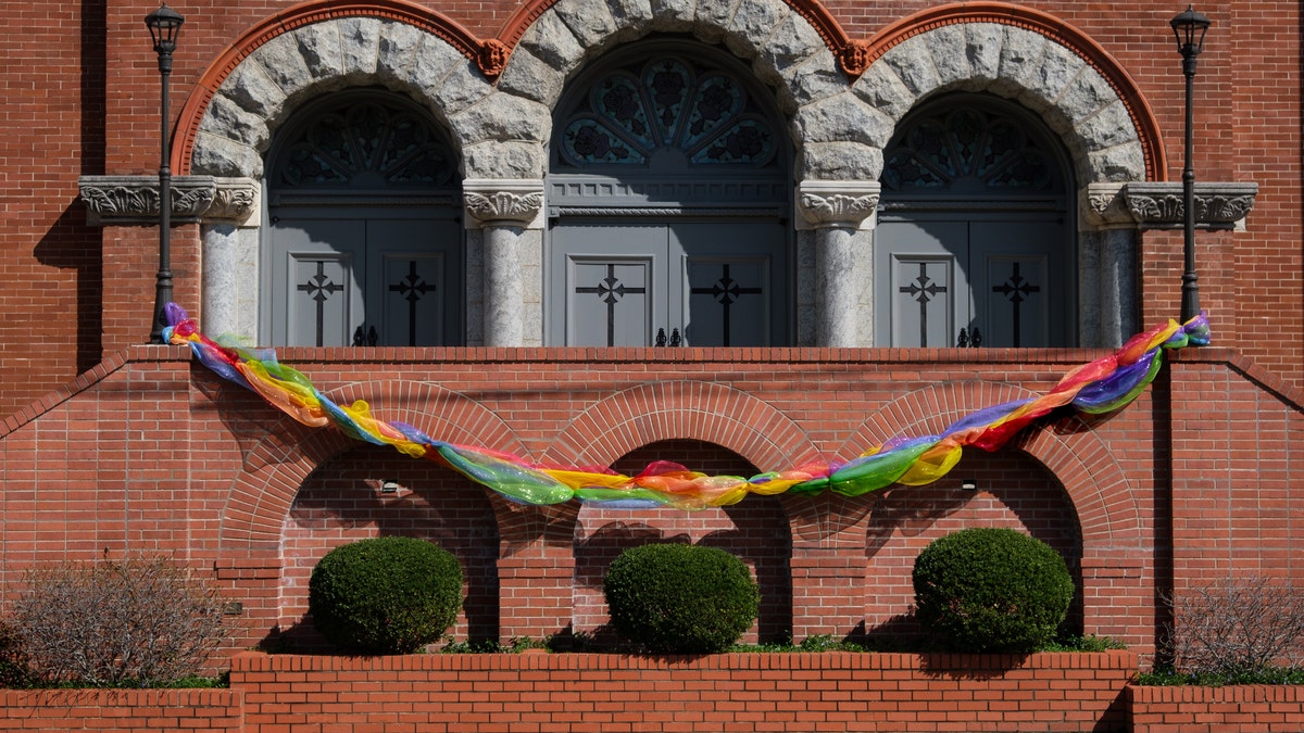 A rainbow decoration on the First United Methodist Church in Little Rock, Arkansas