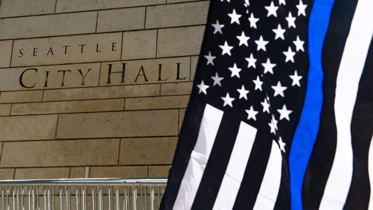 Thin Blue Line flag at Seattle City Hall