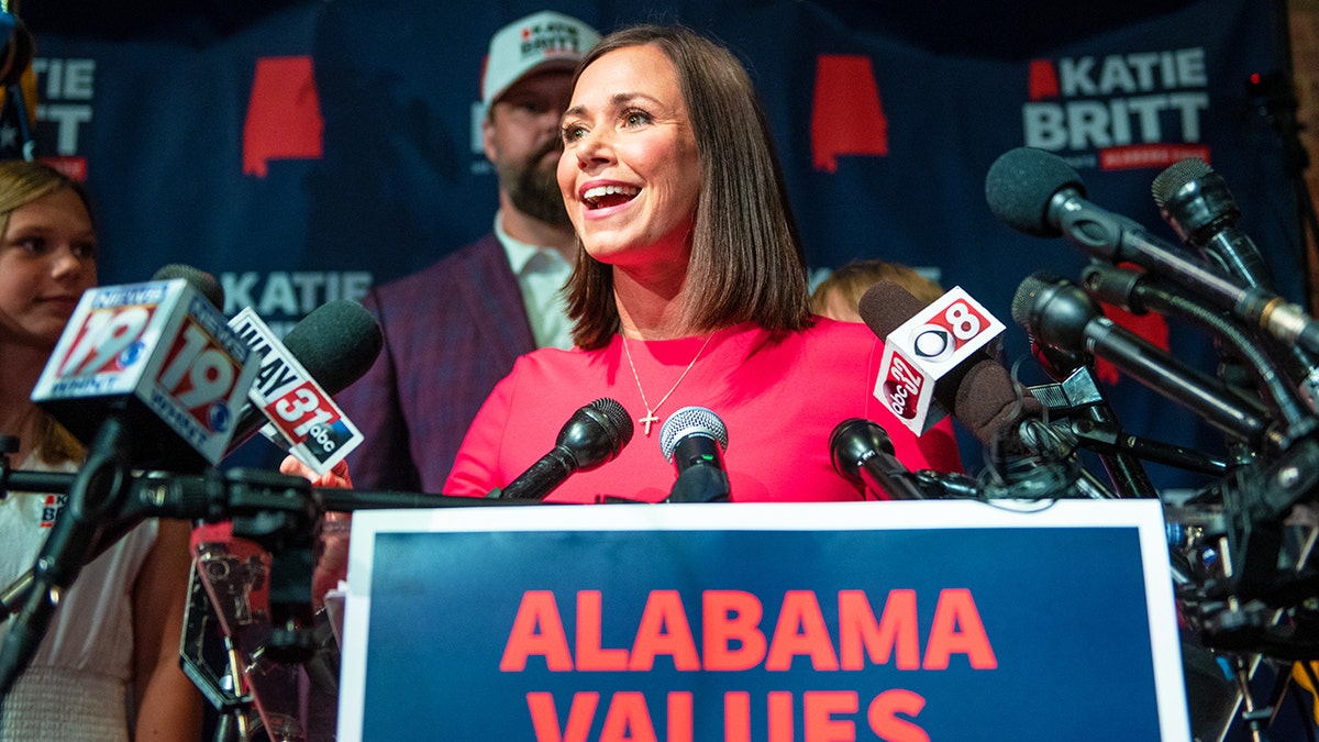 Katie Britt speaks to supporters following the Republican primary election in Alabama