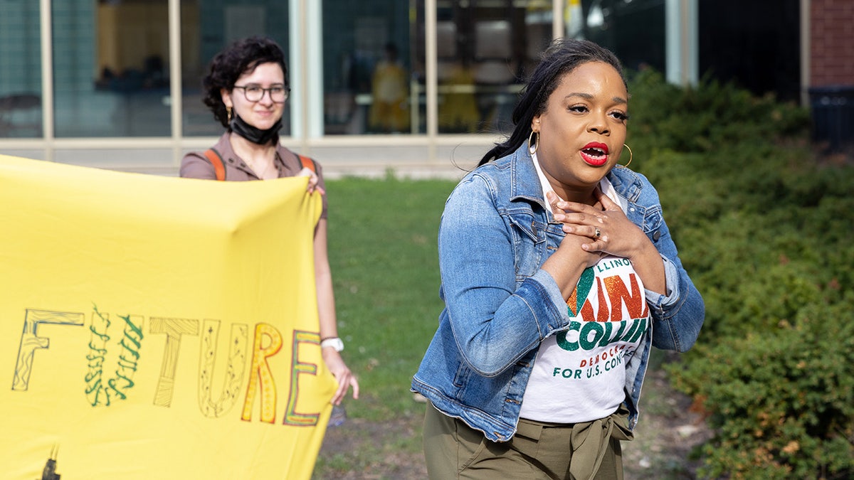 Kina Collins speaks at the Chicago Climate Summit at Benito Juarez Community Academy on April 23, 2022 in Chicago, Illinois.