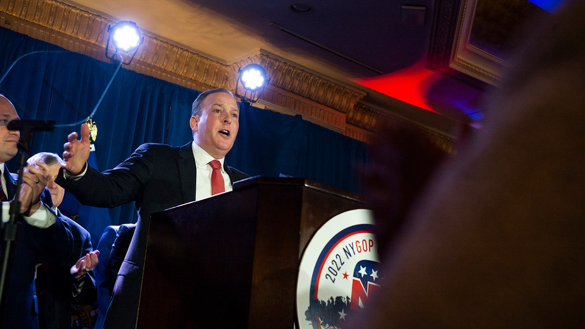 Lee Zeldin addressing crowd at Republican Party convention