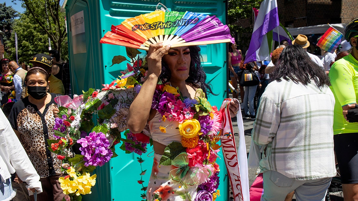 Drag performer dressed in flowers at NYC Pride