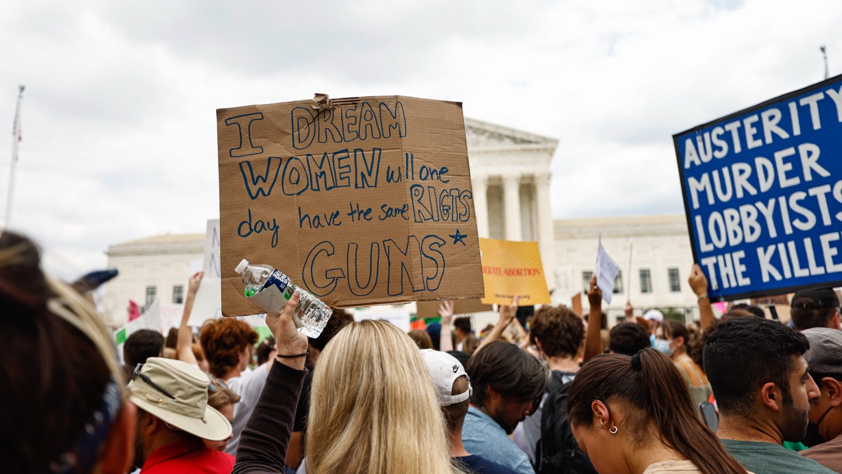 A sign reads, 'I dream women will one day have the same rights as guns.'