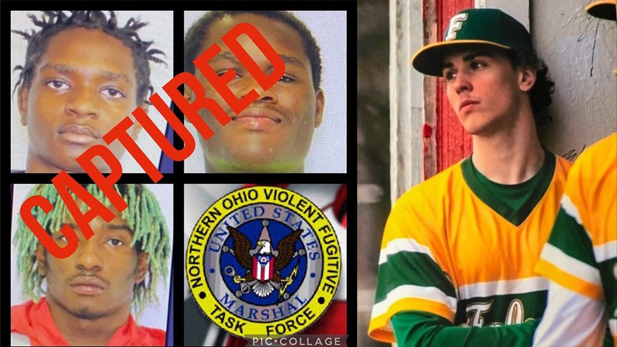 Mugshots of Donovon Jones, DeShawn Stafford and Tyler Stafford, with "captured" written above them, alongside a photo of Ethan Liming