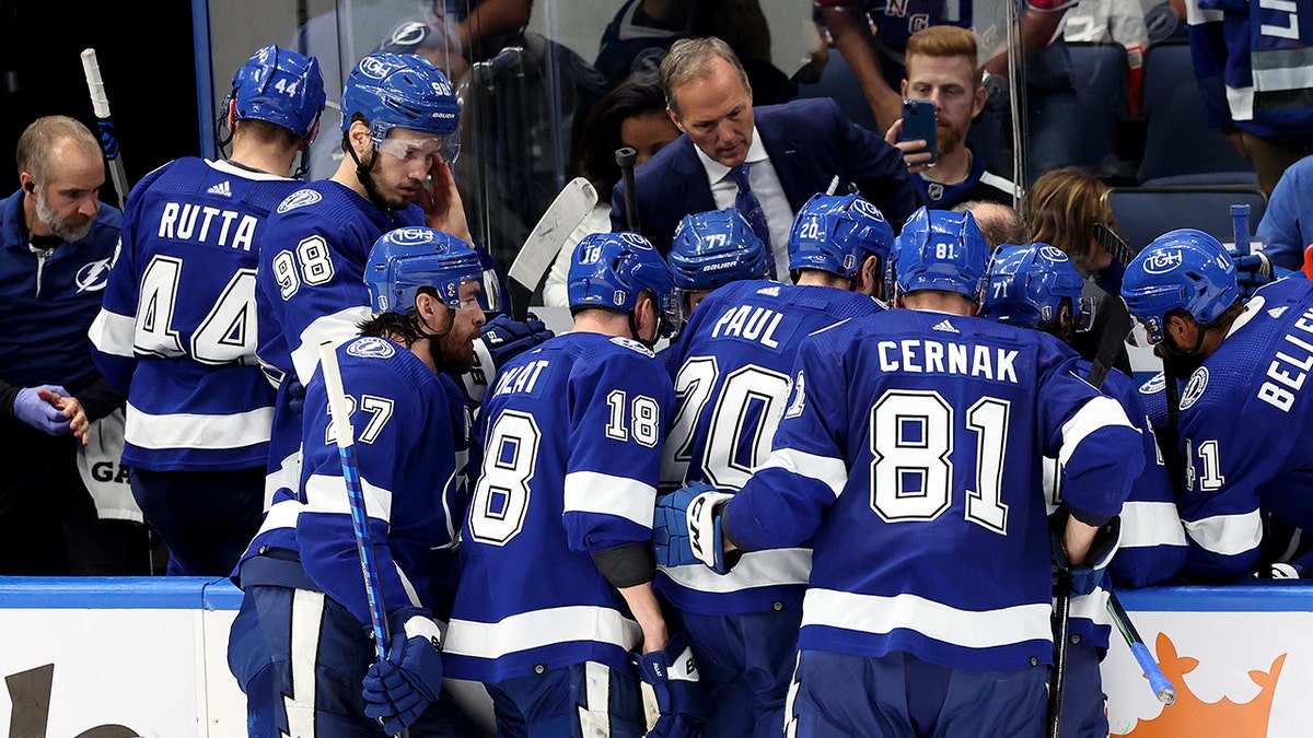 Jon Cooper talks to his team