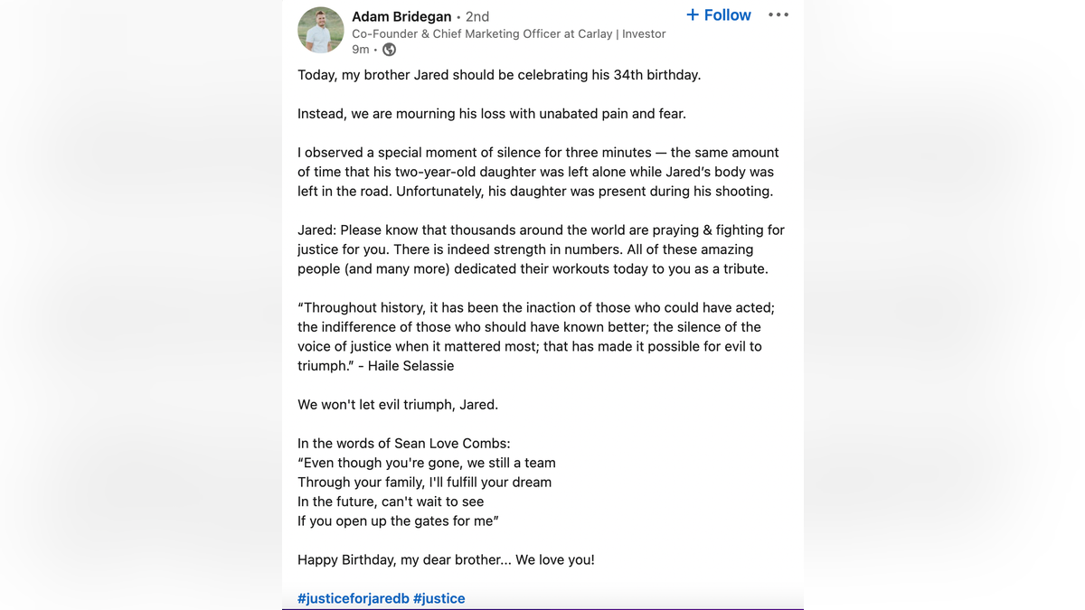 Adam Bridegan's LinkedIn tribute to his brother, Jared Bridegan