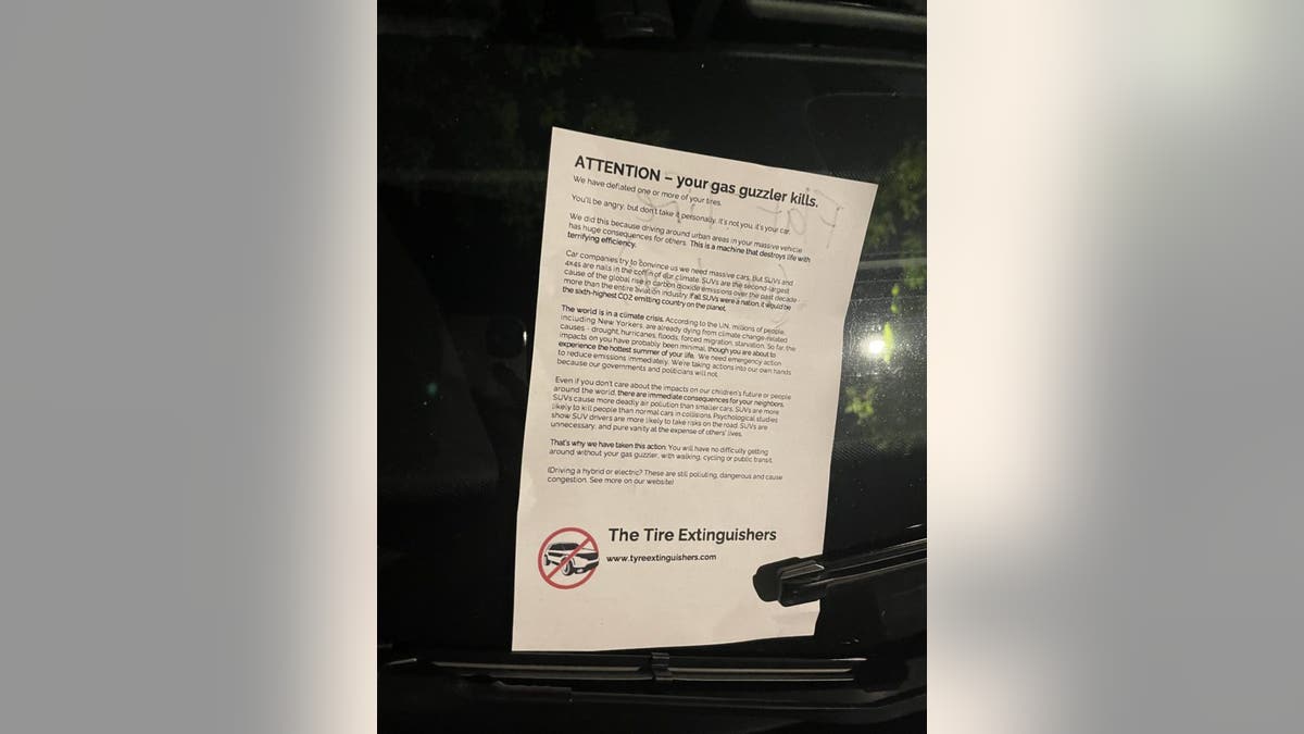 The pamphlet that activists with the group Tyre Extinguishers left on SUVs in New York City
