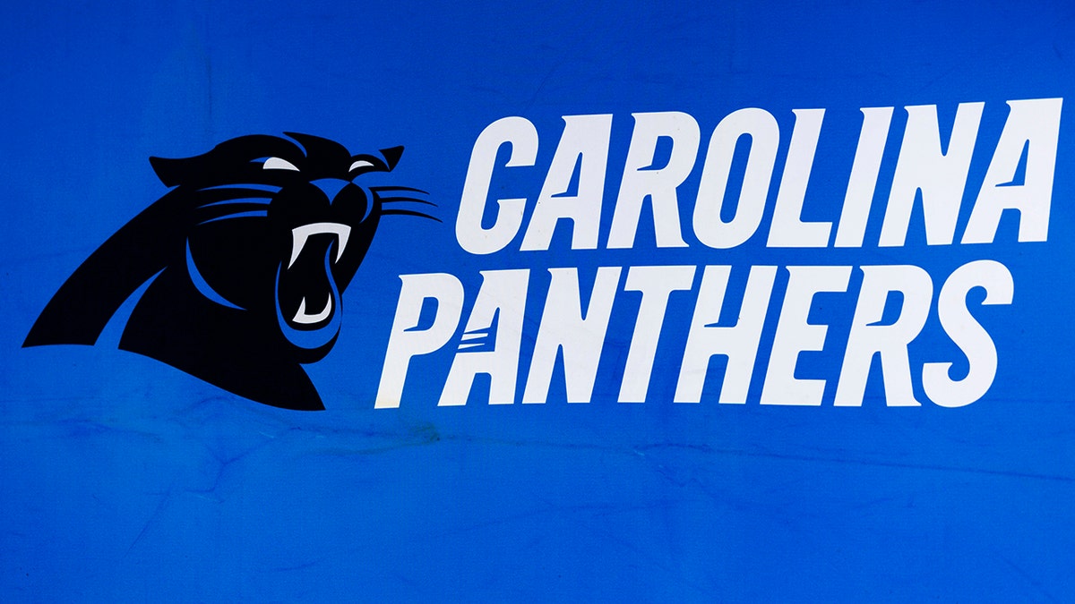The Panthers logo at the Super Bowl