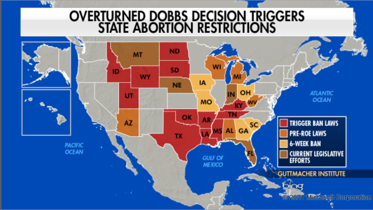 Map of states with abortion laws set into effect by Dobbs decision