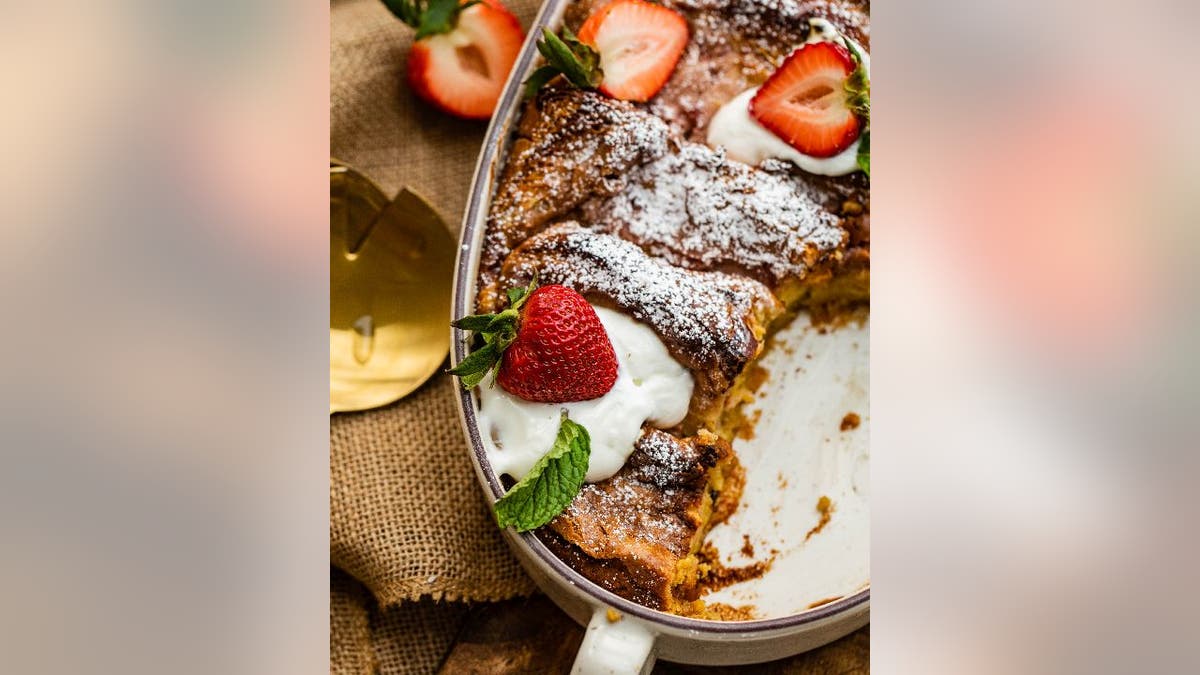 Closeup of strawberry french toast in pan
