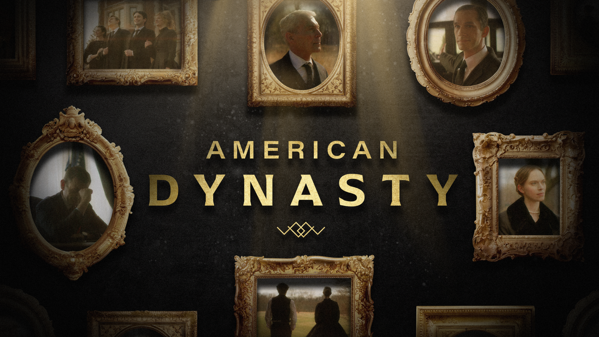 Frames of American business and industry leaders representing their families surrounding the show title "America Dynasty"