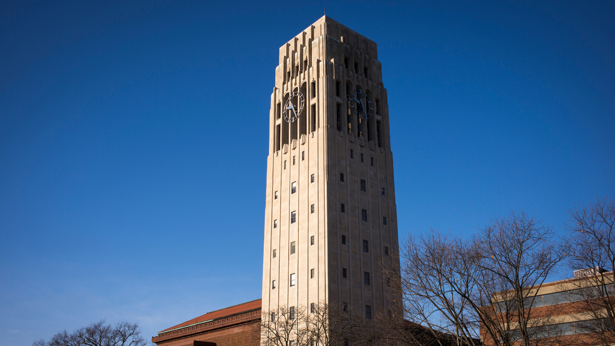 The Burton Memorial Tower stands on the central campus March 24, 2015 at the University of Michigan in Ann Arbor, Michigan. Built in 1936, the 120' tower is named for University President Marion Leroy Burton, who served from 1920-1925. 