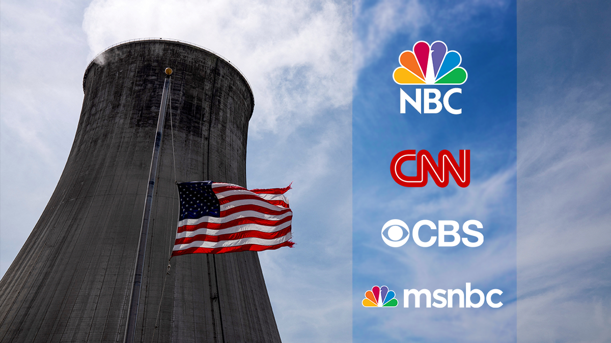 Coal fire power plant with media outlet logos for CNN, CBS, MSNBC, NBC
