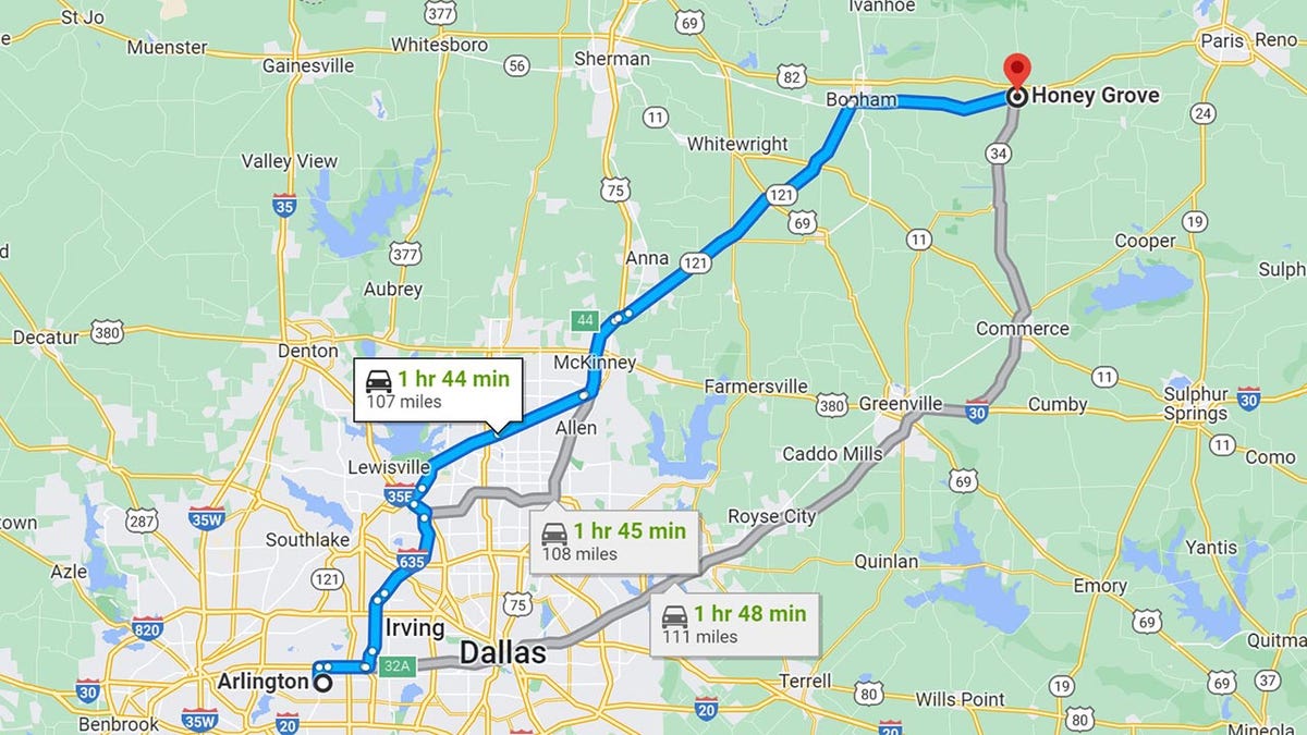 Honey Grove to Arlington Texas map