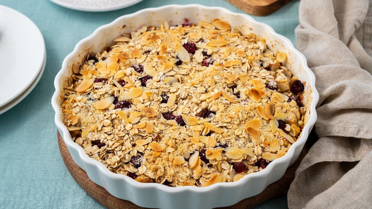 Baked oatmeal served in circular pan