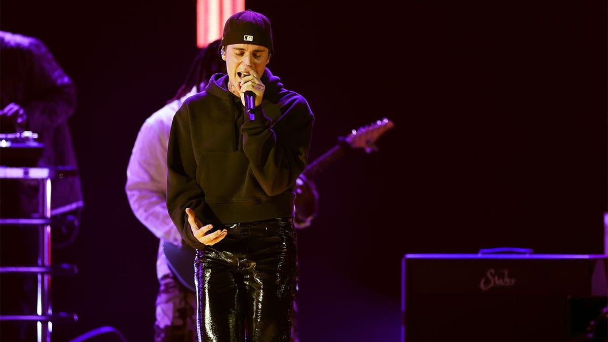 Justin Bieber performing at the Grammy Awards