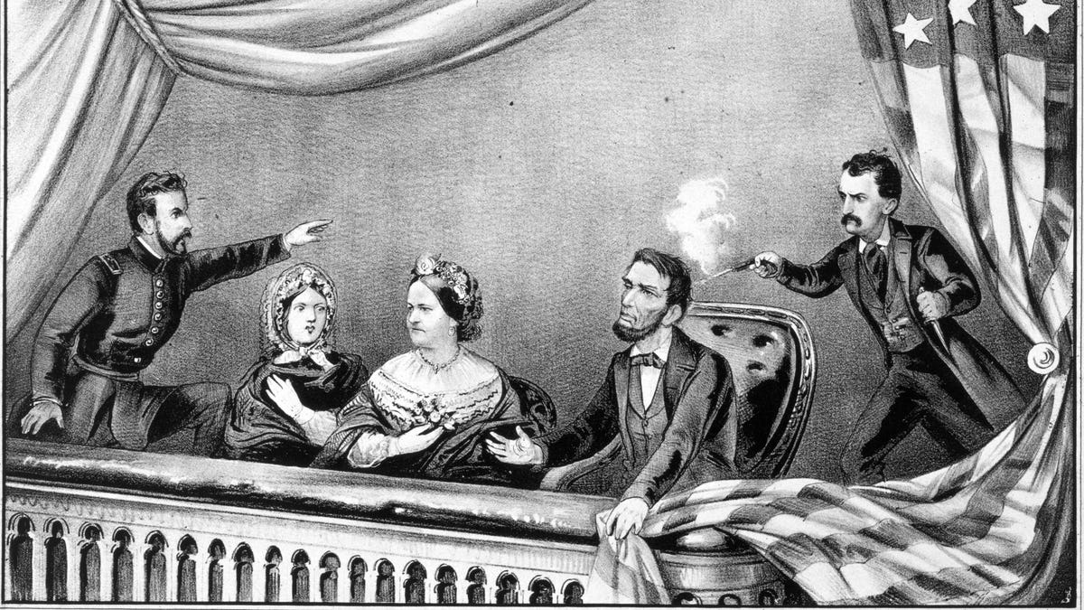 Drawing depicts Abraham Lincoln's assassination by John Wilkes Booth