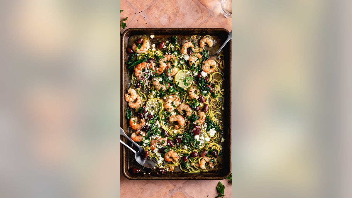 shrimp and veggies on a sheet pan
