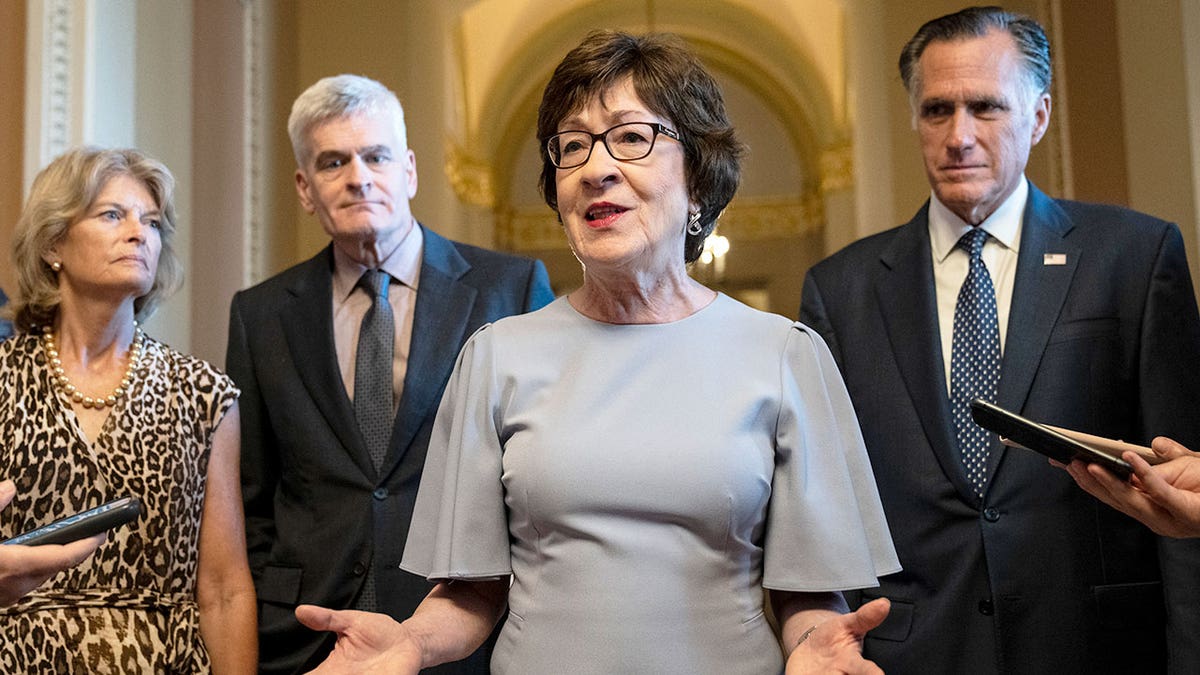 Sen. Lisa Murkowski (R-AK), Sen. Bill Cassidy (R-LA), Sen. Susan Collins (R-ME) and Sen. Mitt Romney (R-UT) speak to reporters after meeting privately with Senate Minority Leader Mitch McConnell (R-KY) at the U.S. Capitol on July 28, 2021 in Washington, DC. (Photo by Drew Angerer/Getty Images)