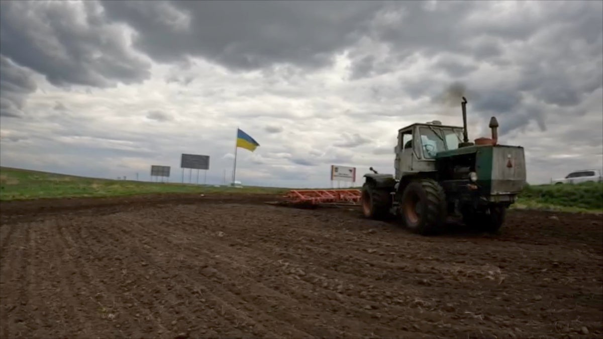 Ukraine tractor plows field