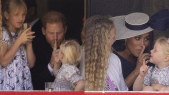 Prince Harry and Meghan Markle playfully shush younger royals during Trooping the Colour ceremony