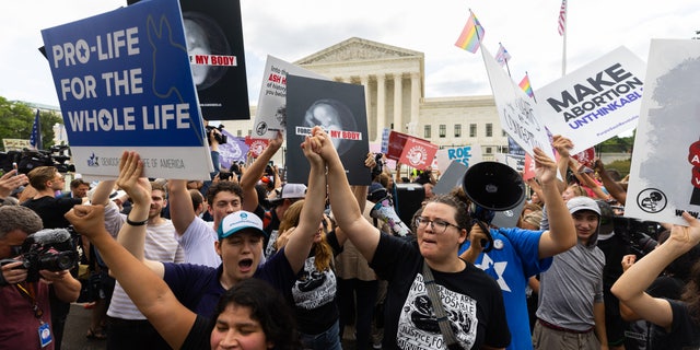 Crowds outside the court react to the Dobbs ruling.