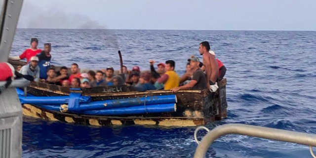 A Coast Guard Air Station Miami HC-144 Ocean Sentry aircrew alerted Sector Key West watchstanders of a rustic vessel about 30 miles southwest of Marquesas Key, Florida, June 8, 2022. The people were repatriated to Cuba on June 11, 2022. (U.S. Coast Guard photo by Station Key West's crew)