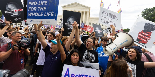 A pro-life crowd reacts outside the court on June 24, 2022, to the SCOTUS decision overturning Roe v. Wade and sending abortion back to the states.