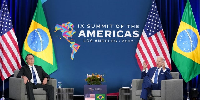 U.S. President Joe Biden speaks while holding a bilateral meeting with Brazil's President Jair Bolsonaro during the Ninth Summit of the Americas in Los Angeles, California, U.S., June 9, 2022.
