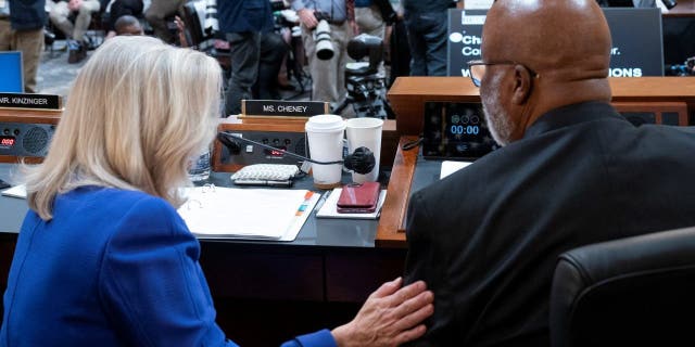 Vice Chair Liz Cheney (R-WY) reacts with Chairman Bennie Thompson (D-MS) after the opening video presentation as the House select committee investigating the Jan. 6 attack on the U.S. Capitol holds its first public hearing to reveal the findings of a year-long investigation, on Capitol Hill in Washington, U.S., June 9, 2022. Alex Brandon/Pool via REUTERS