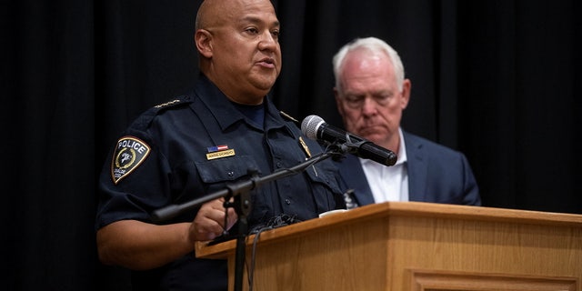 Uvalde Police Chief Pete Arredondo speaks at a press conference following the shooting at Robb Elementary School in Uvalde, Texas, U.S., May 24, 2022. 