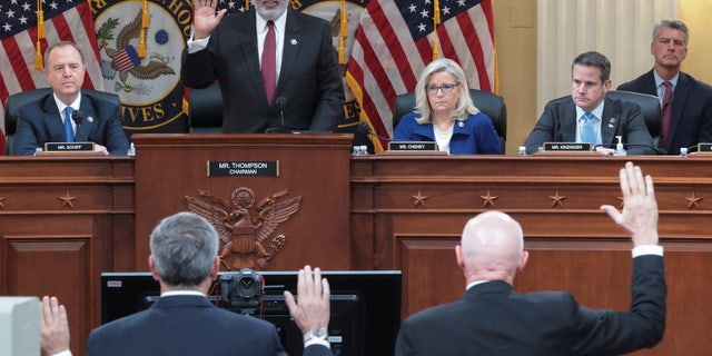 Chairperson Bennie Thompson (D-MS) swears in Arizona House Speaker Rusty Bowers, Georgia Secretary of State Brad Raffensperger and Georgia Secretary of State Chief Operating Officer Gabriel Sterling (not pictured) during the fourth public hearing of the U.S. House Select Committee to investigate the January 6, 2021 attack on the U.S. Capitol, on Capitol Hill in Washington, DC, U.S. June 21, 2022. 