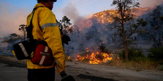 A firefighter watches the fire burn in Wrightwood, California.