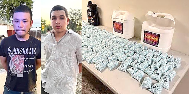 Jose Zendejas, 25, and 19-year-old Benito Madrigal were discovered with 150 packages that each contained 1,000 fentanyl pills  during a traffic stop in Tulare County, California on Friday, authorities said.