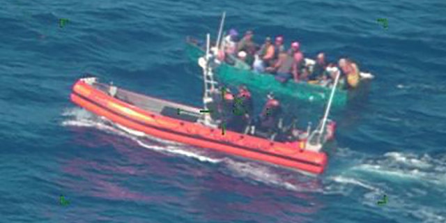 A Coast Guard Air Station Miami HC-144 Ocean Sentry aircrew alerted Coast Guard Sector Key West watchstanders of this rustic vessel about 43 miles south of Key West, Florida, June 17, 2022. The people were repatriated to Cuna on June 21, 2022. (U.S. Coast Guard photo by Air Station Miami)