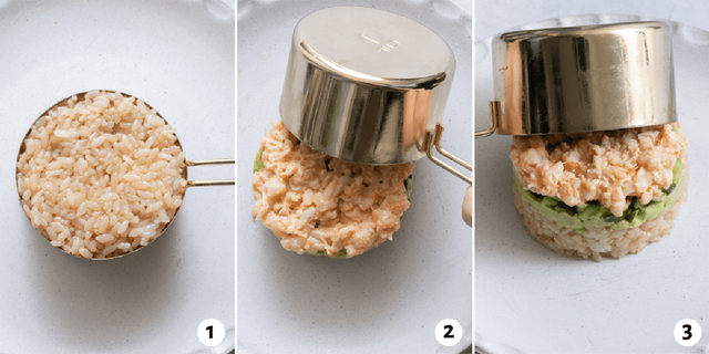 Yumna Jawad of Feel Good Foodie packs her sushi shrimp stack measuring cup in the following order: Shrimp, cucumbers, avocado and rice.