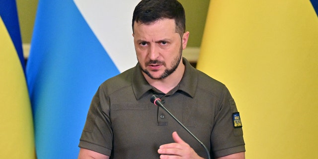 Ukrainian President Volodymyr Zelensky speaks during a joint press conference with the Prime Minister of Luxembourg following talks in Kyiv on June 21, 2022.