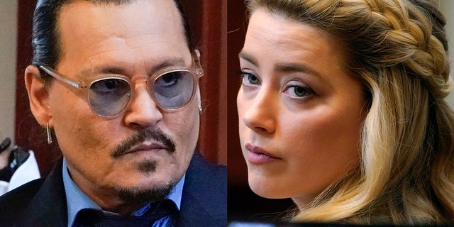 This combination of two separate photos shows actors Johnny Depp, left, and Amber Heard in the courtroom for closing arguments at the Fairfax County Circuit Courthouse in Fairfax, Va., on Friday, May 27, 2022. (AP Photos/Steve Helber, Pool)