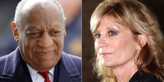 Bill Cosby arrives for a sexual assault trial in Norristown, Pennsylvania on April 20, 2018, left, and Jodi Huth appears at a news conference outside the Los Angeles Police Department's Wilshire Precinct in Los Angeles on December 5, 2014. 