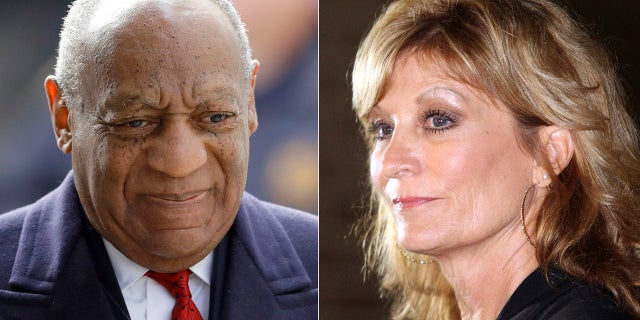 Bill Cosby arrives for his sexual assault trial in Norristown, Pa. on April 20, 2018, left, and Judy Huth appears at a press conference outside the Los Angeles Police Department's Wilshire Division station in Los Angeles on Dec. 5, 2014. E