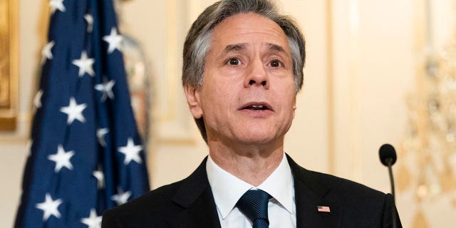 Secretary of State Antony Blinken speaks, Wednesday, June 1, 2022, during a news conference with NATO Secretary General Jens Stoltenberg, at the State Department in Washington.